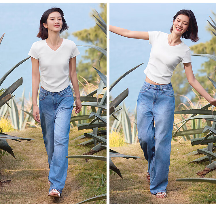 Semir Short-Sleeve T-Shirt for Women, Cropped Slim-Fit Round Neck Undershirt, Summer Cool Waist-Cinching V-Neck Top, Hot Girl Style 109326100003 22
