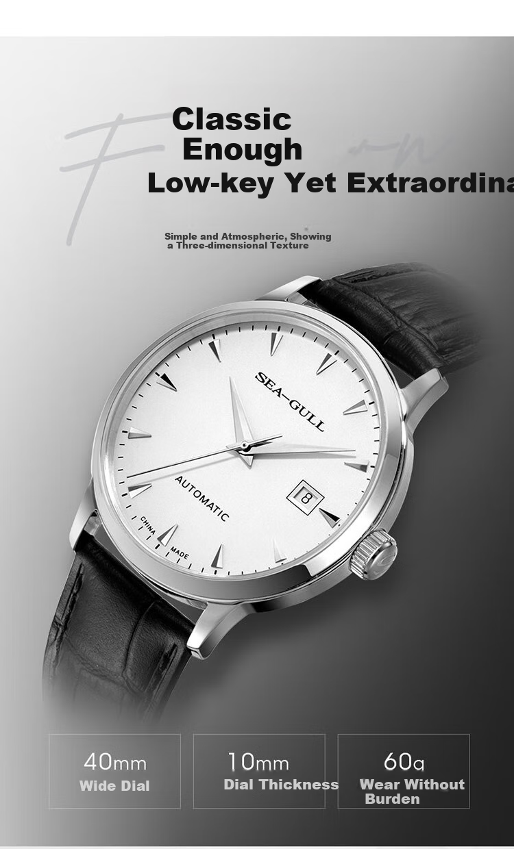 SEAGULL Men's Automatic Mechanical Watch with Date Display, Leather Strap, Birthday Gift for Men, Model 6613 White Dial Roman Numeral 3