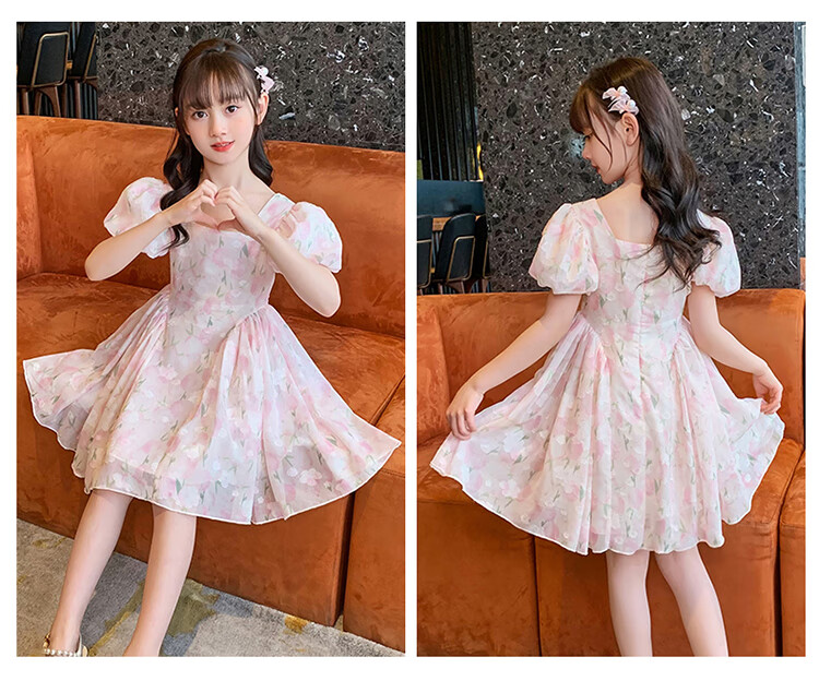 Baminuo Girls' Summer Dress, New Korean Style Children's Fashionable Thin Princess Dress for Older Kids, Pink, Size 120 3
