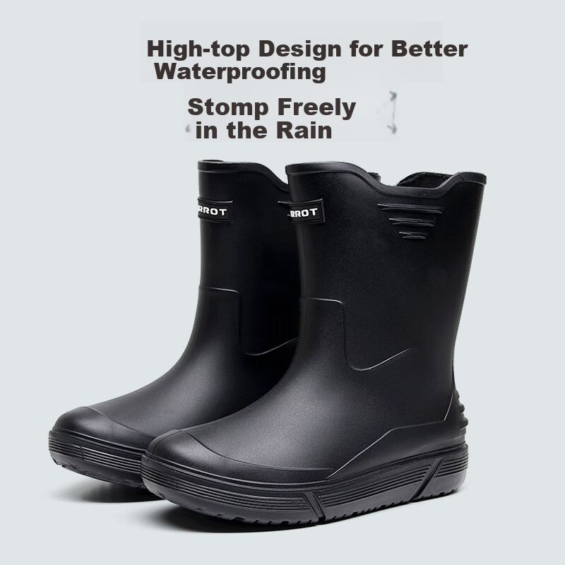 GUOLUOFEI Mid-Calf Rain Boots for Men, Thick Sole Waterproof Non-Slip Fishing And Food Delivery Rubber Shoes, Black, Size 39