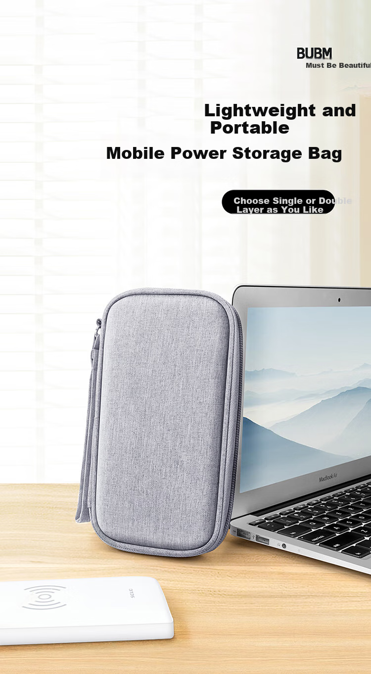 BUBM Power Bank Storage Pouch, Xiaomi 2 Romoss Portable Charger Protective Case, Multifunctional Cable Storage Box, Earphone And Digital Accessory Organizer Bag, Gray, Double-Layer 1
