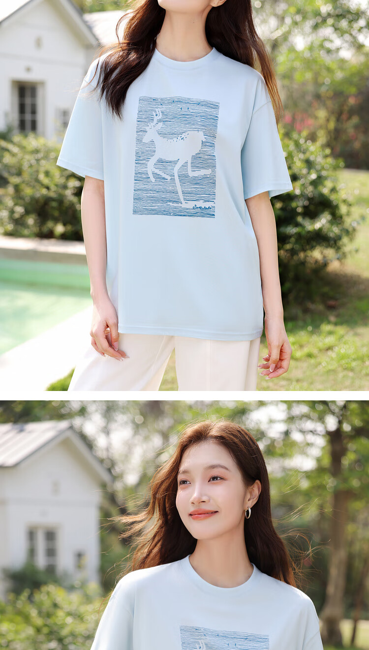 Shangdu Bila Cotton Casual Versatile Youthful T-Shirt Women Summer New High-End 3D Embossed Print Drop Shoulder Short Sleeve Top 19
