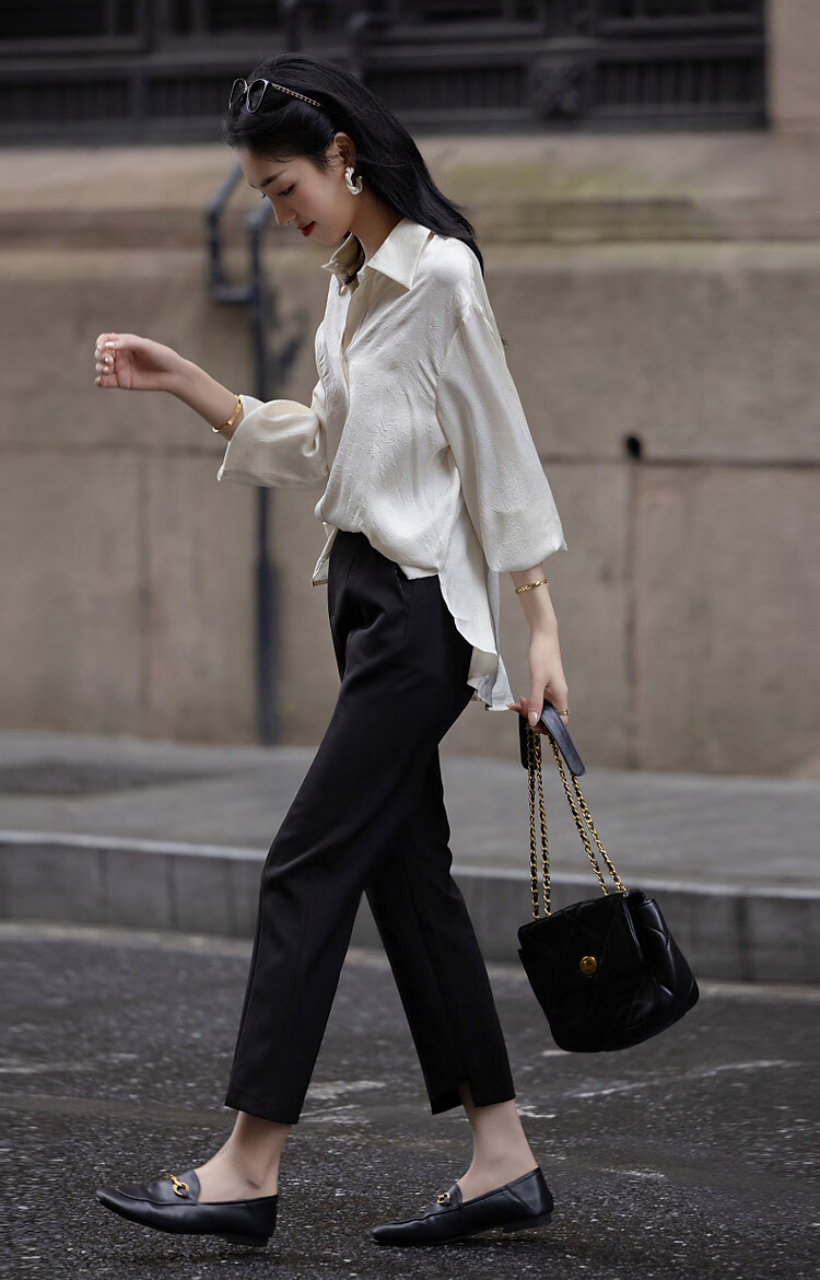 Dme [Four Seasons Wear] Spring Simple Style Commuter Shirt POLO Collar Wrinkled Shiny Texture Blouse Women's Top 8