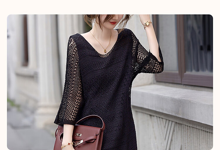 Dme [Black Spade Contract] Spring Elegant V-Neck Hollow-Out Mid-Sleeve Loose-Fitting Concealing Versatile Low-Key Women's Dress 2
