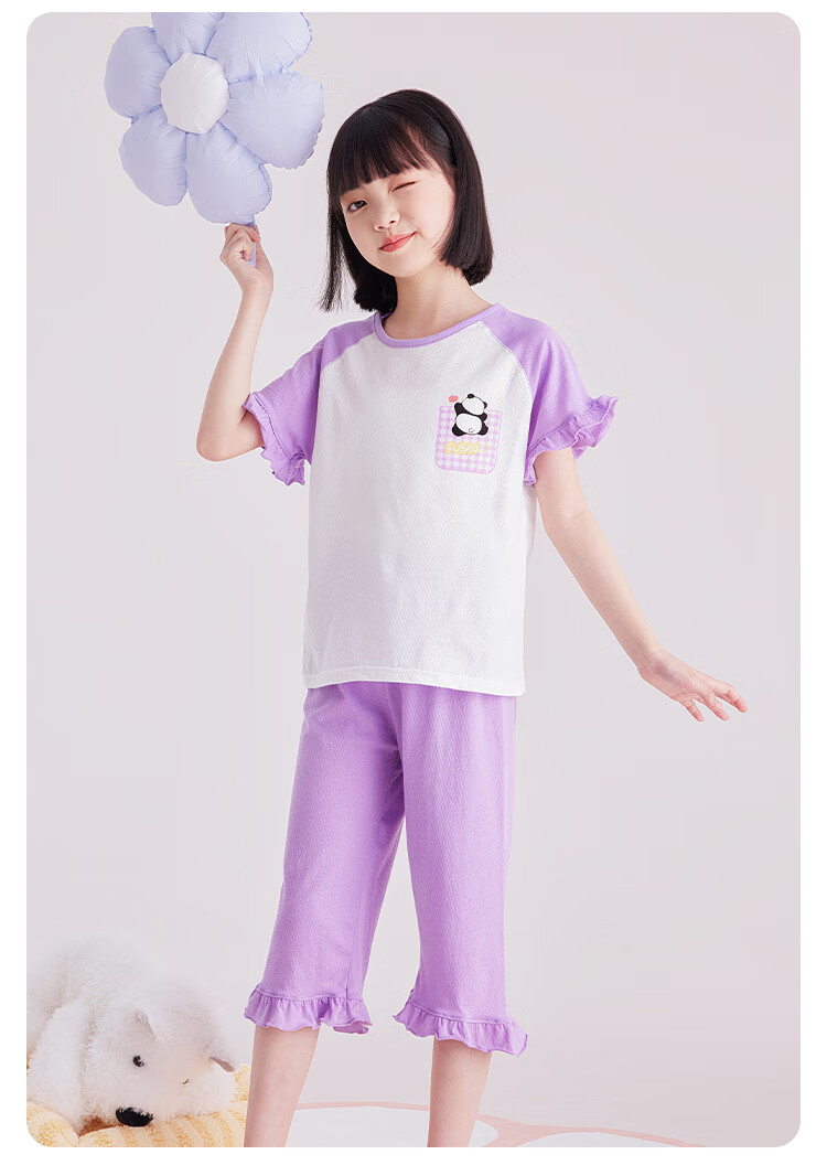 DEESHA Girls' Pajamas, Thin Mesh Antibacterial Pure Cotton Air Conditioning Wear, Short-Sleeve Loungewear, Purple Heart Panda Desig 2