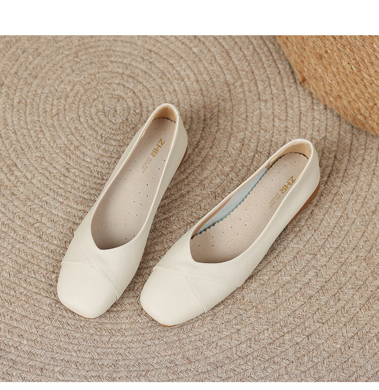 ZHR Women's Genuine Leather Vintage Casual Flats Soft Sole Low-Cut Shoes AH582 Beige Size 39 15