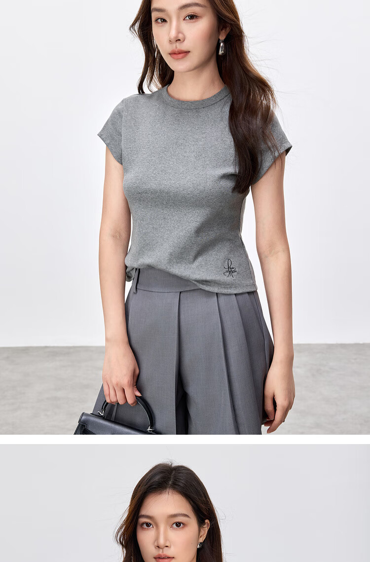 Sentubila Minimalist Commuter Short Sleeve T-Shirt Women Spring Slim Fit Knit Shirt Crop Top Dark Heather Gray XL 19