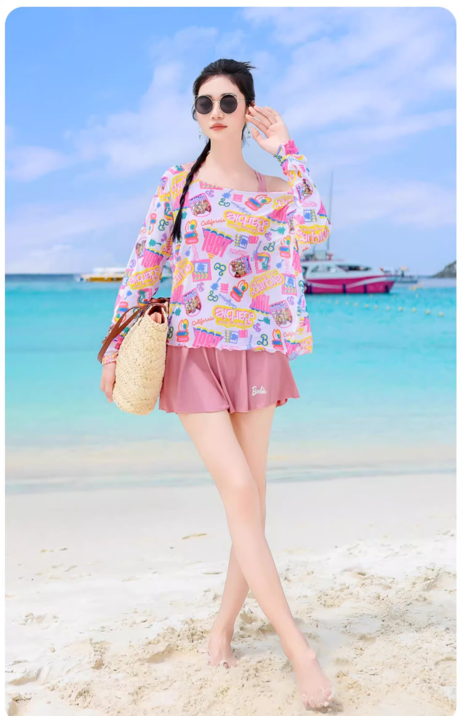 Barbie Women's Two-Piece Beach Vacation Swimwear Set, Long-Sleeve Cover-Up, Slimming Swimwear for Hot Springs Resort 16