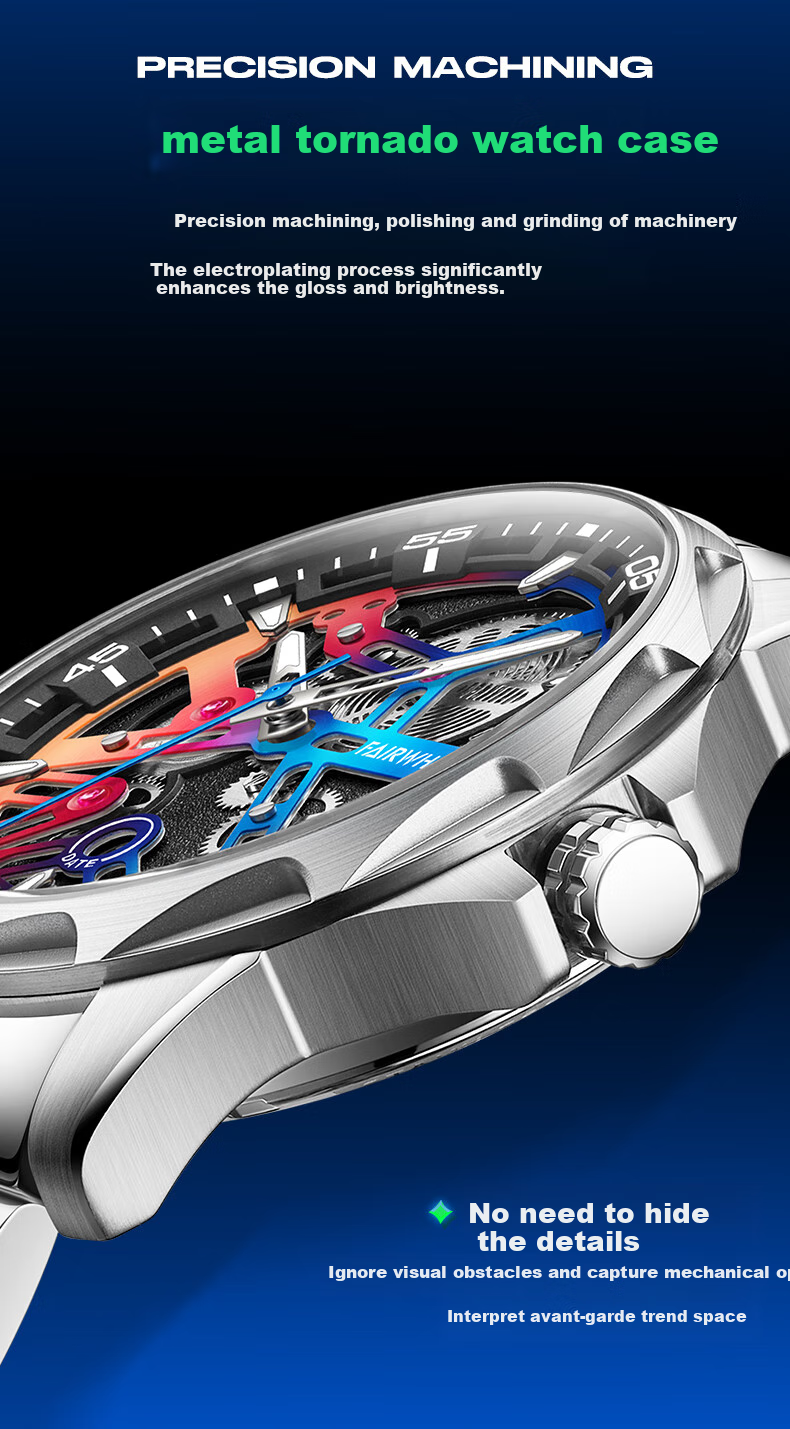 MARK FAIRWHALE Men's Fully Automatic Skeleton Mechanical Watch, Luminous, Water-Resistant, Top Ten Famous Watches, Swiss Quality Wristwatch FW-6620 10