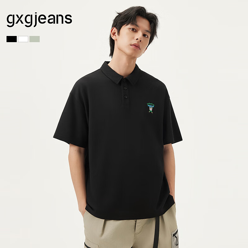 Gxgjeans Men's Clothing, Fun Embroidery Casual Short-Sleeve Polo Shirt, Summer Hot Sale, Black, XL (180)