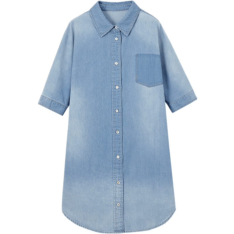 Demana Minimalist Ceiling Summer Lapel Cotton Shirt Dress Five-Sleeve Denim Short Dress for Women