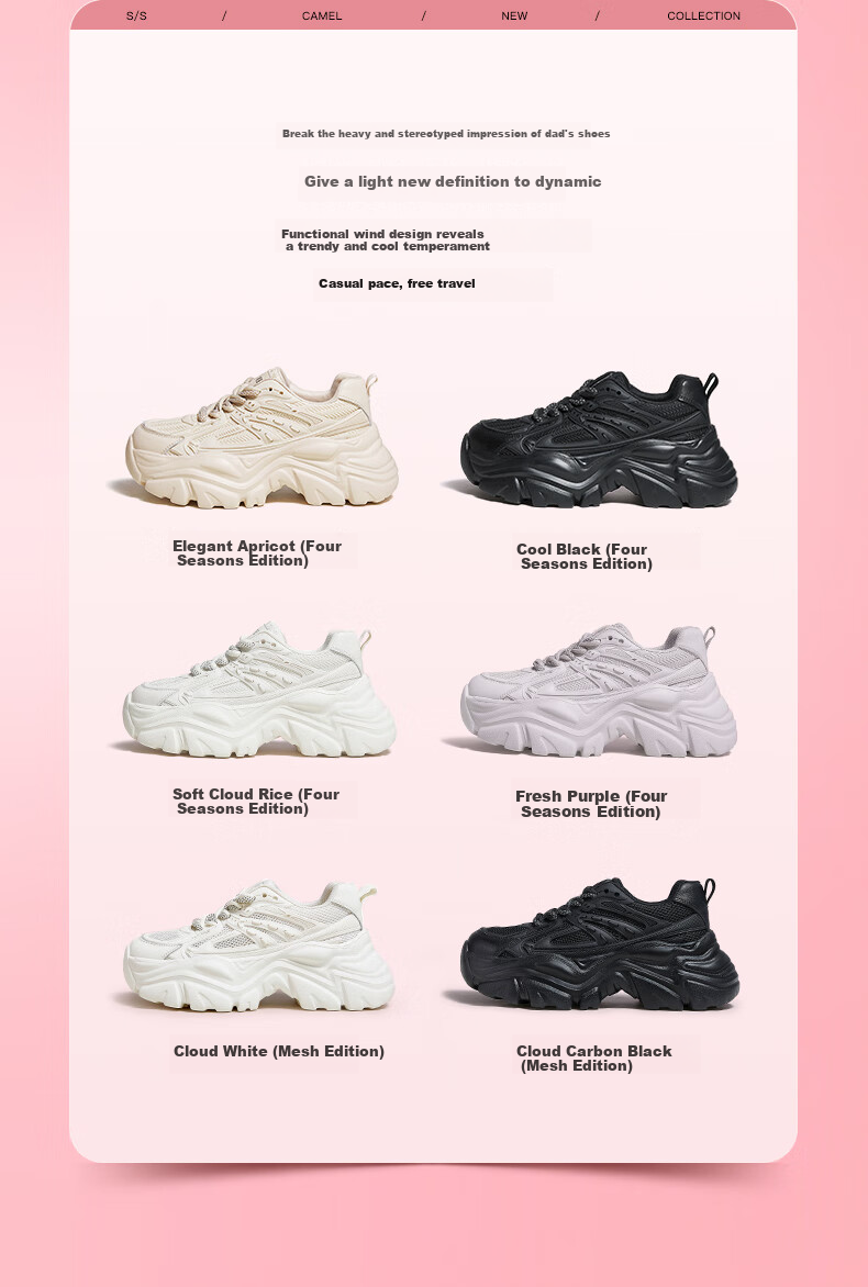 CAMEL Dad Sneakers for Women, Mesh And Leather Spliced Design, Double Laces, Thick Sole Casual Shoes L23S703108W Black Mesh 36 11