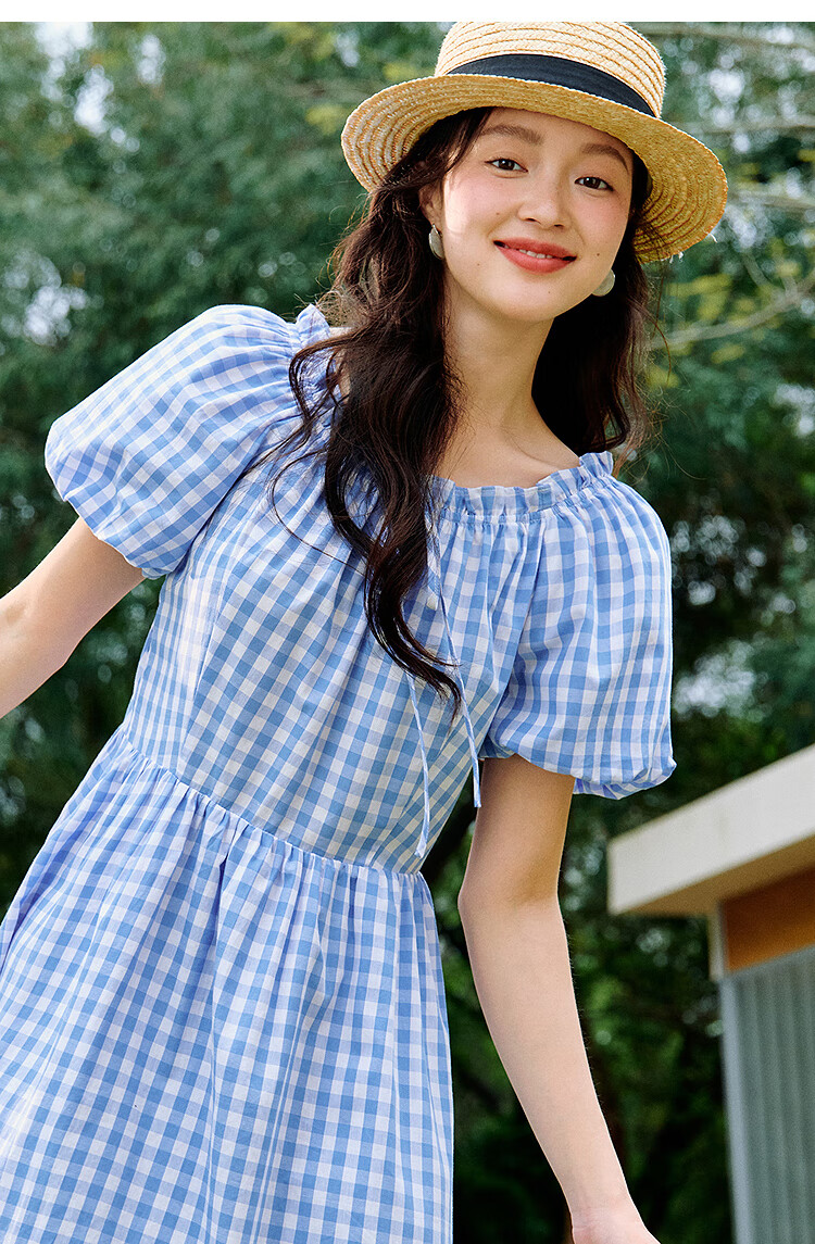 INMAN French Plaid Dress Summer Women's Versatile Puff Sleeve A-Line Skirt Navy Blue S 31