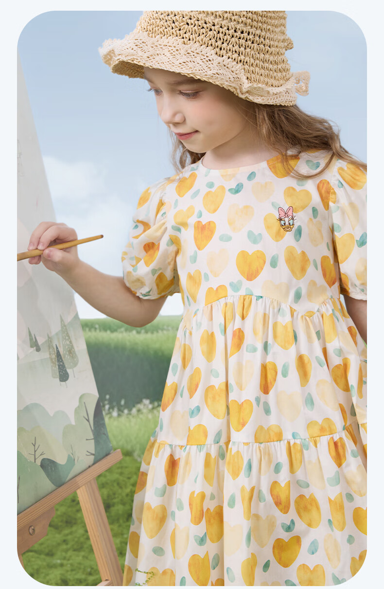 Disney Girls' Dress, Children's Summer Clothing, Big Kids' Pure Cotton Princess Dress, Stylish Floral Print Dress, 2DQ037 Light Yellow, Size 120 7