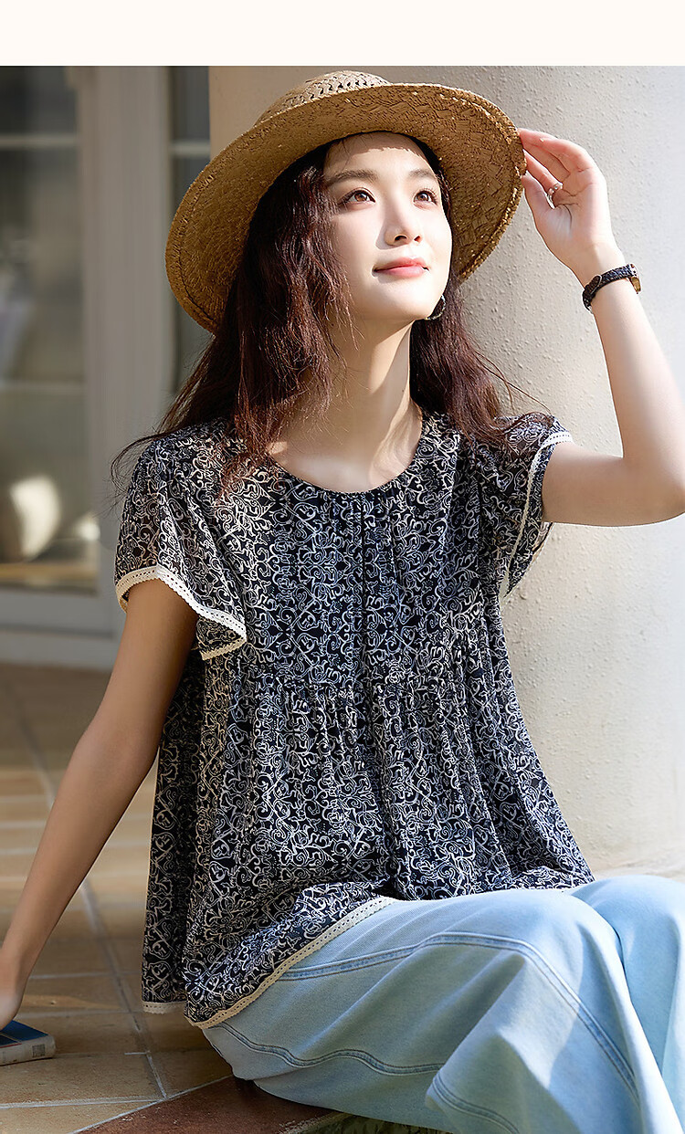 Dme [75D Chiffon Jacquard] Summer Flowy Short-Sleeve Shirt with Contrasting Trim, Loose Blouse Women's Top 11