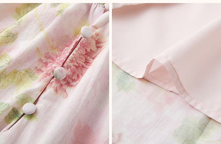 Dme [100% Cotton Bamboo Print] Summer French Romantic Floral Print Five-Quarter Sleeve A-Line Waist-Cinching Mid-Length Women's Dress 4