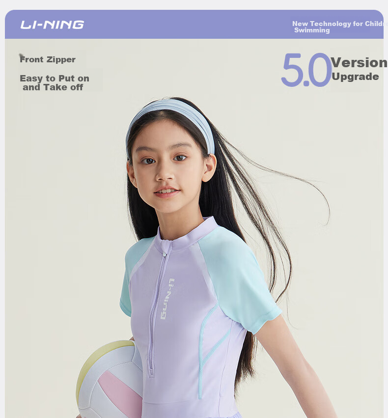 Li-Ning Children's Swimsuit, Girls' Color-Block Short-Sleeve One-Piece Swimwear, Conservative Casual Style, Swimming Costume 0051 Gray-Blue 140 1