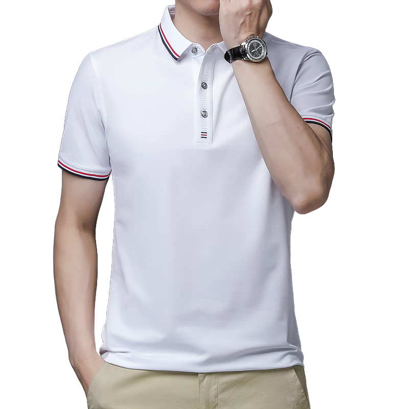 ROMON Men's Heavyweight Double Pique Cotton Soft Ice-Feel Smooth Stretch Seamless Business Short Sleeve Polo Shirt White XL