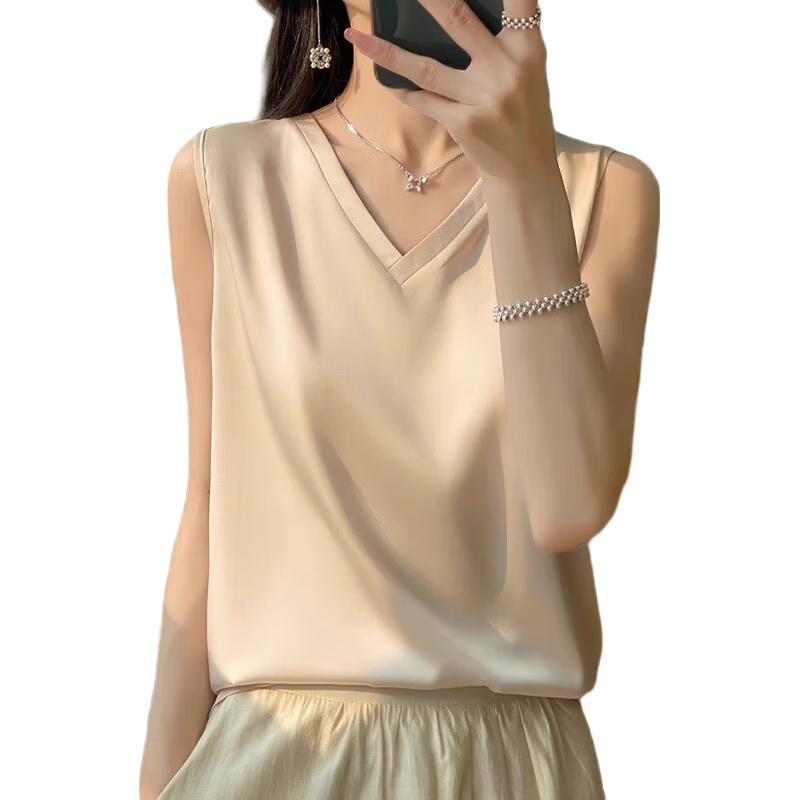 GUJIN Double V-Neck Premium Ice Silk Camisole Women's Innerwear Suit Base Layer Faux Silk Satin Tank Top Spring