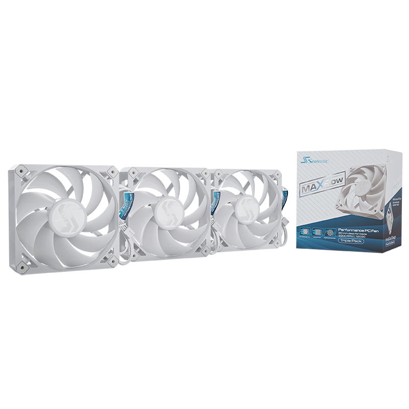 SEASONIC [MAXFlow] 12cm Industrial-Grade Fan (White/triple Pack) | 3300 RPM High Air Pressure | Dual Ball Bearing