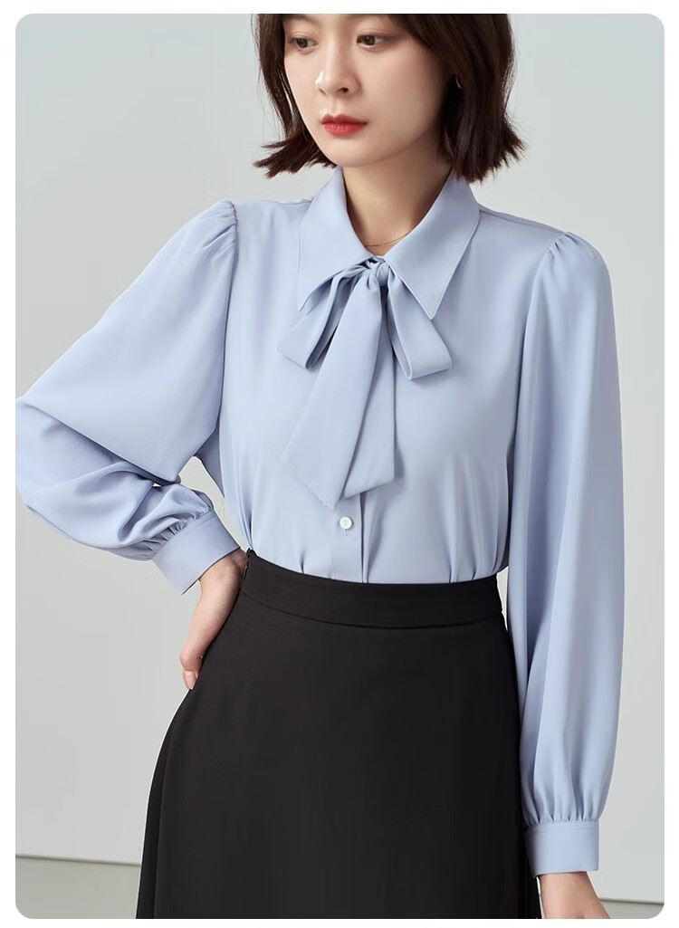 Bodexiaojie Blue Short-Sleeve Shirt for Women, Urban Daily Commute Outfit, Petite Chiffon Blouse, Interview Professional Shirt, Size S 25