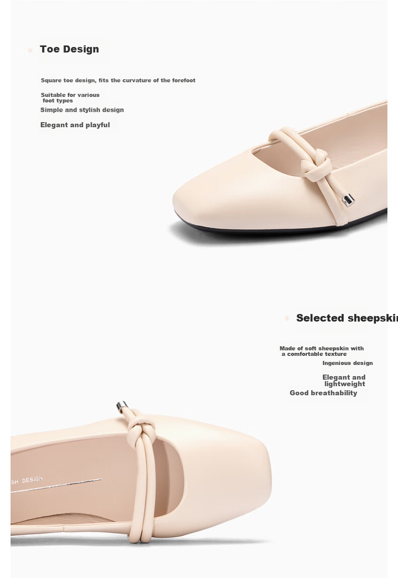 ECCO Ballet Flats, Elegant Square-Toe Lambskin Low-Cut Shoes for Women, Dance Joy 234303, Limestone Color, Size 40, HL 4
