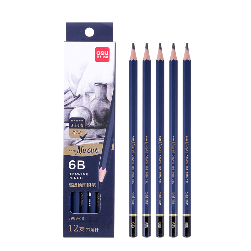 Deli Premium Drawing Pencils, 12 Pieces, 6B Sketching Pencils, Hexagonal Barrel Writing Black Pencils for Students, Art Sketching Engineering Drawing Pencils, Specialized for Beginners, Back-To Stationery