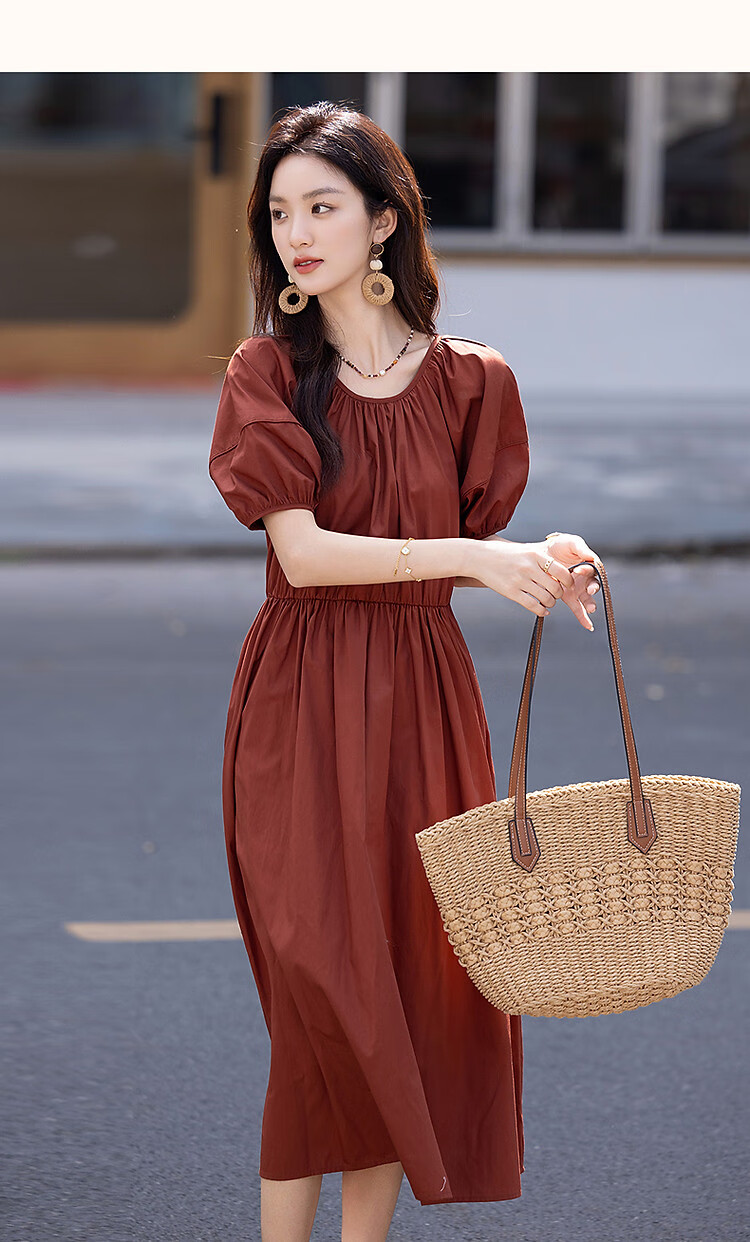 Demana [Klein Blue] Summer French Style Pure Cotton Gathered Loose Waist Puff Sleeve A-line Mid-length Women's Dress 15