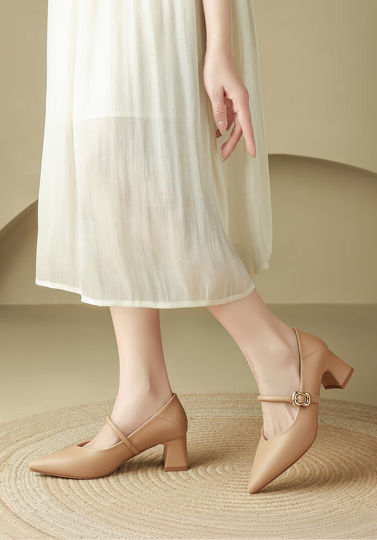 ZHR Zese Mary Jane Women's Pointed Toe Summer Single Shoes Shallow Mouth Chunky Heel One-strap Shoes BL379F Beige 37 20