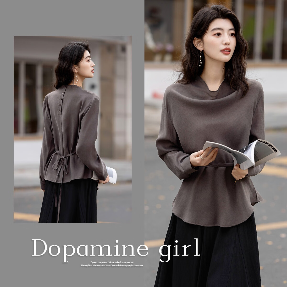 Dme [Designer's Private Label], Autumn Elegant Flowing Collar Shirt with Tie-Up Back, Long-Sleeve Blouse, Women's Top