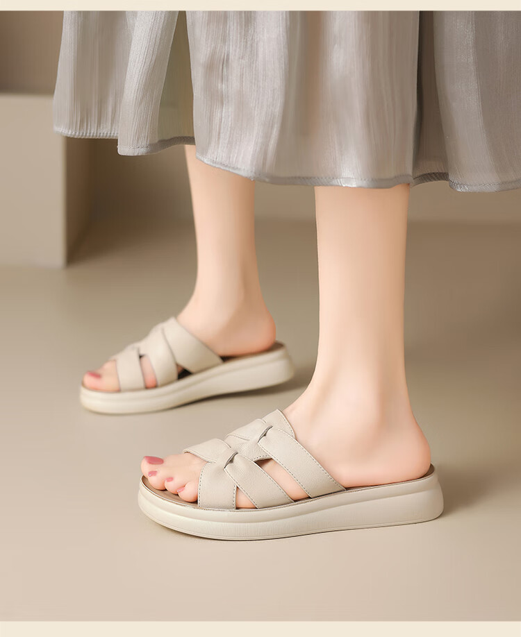 ZHR Zese First Layer Cowhide Thick Sole Women's Summer Casual Beach Woven Slippers Soft Comfort Shoes EQ09 Apricot Size 36 10