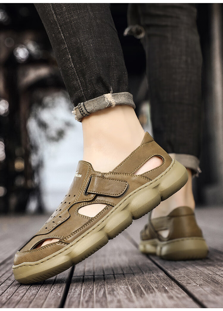 Bull Family Men's Sandals 2026 New Summer Breathable Hollow Out Beach Shoes Soft Leather Soft Sole Slippers for Men 9