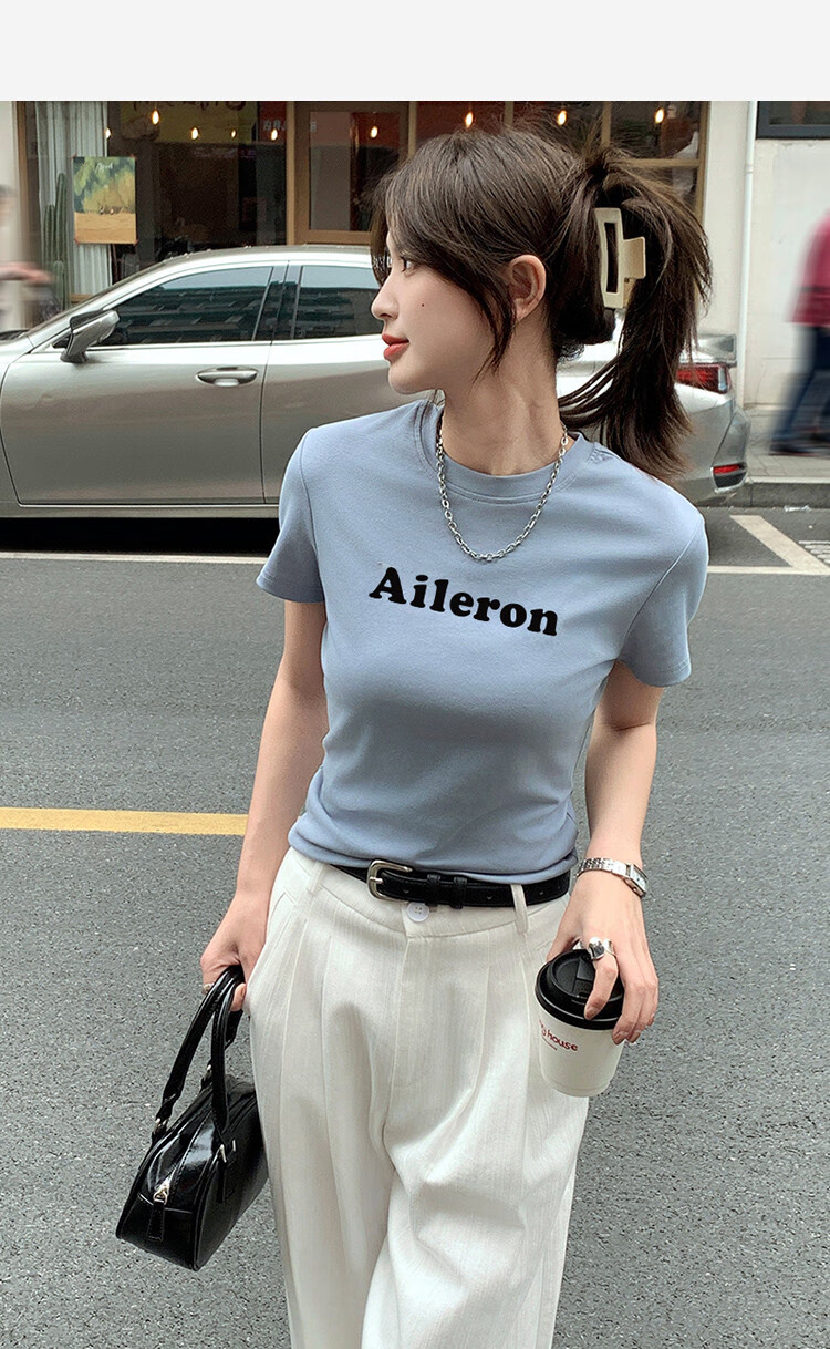 TonLion 2025 Summer Women's Round Neck Short Sleeve T-Shirt with Front Chest Lettering, Casual And Versatile 6