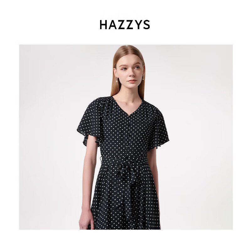HAZZYS Women's Clothing, Summer PHIZ Anti-Static Wave Dot Print V-Neck Dress for Women, Navy Blue, Size S