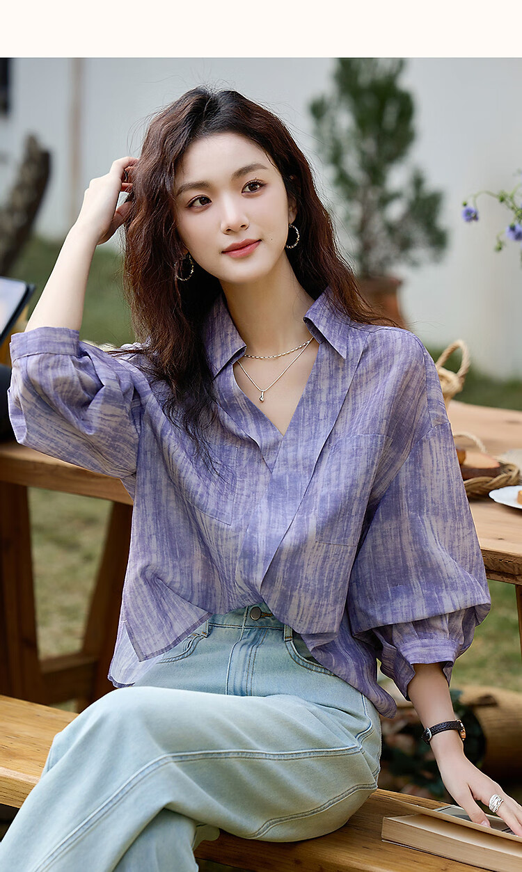 Dme [Art Student Outfit] Summer Artistic Gradient Lapel Shirt, Loose Comfortable Blouse, Women's Top 10