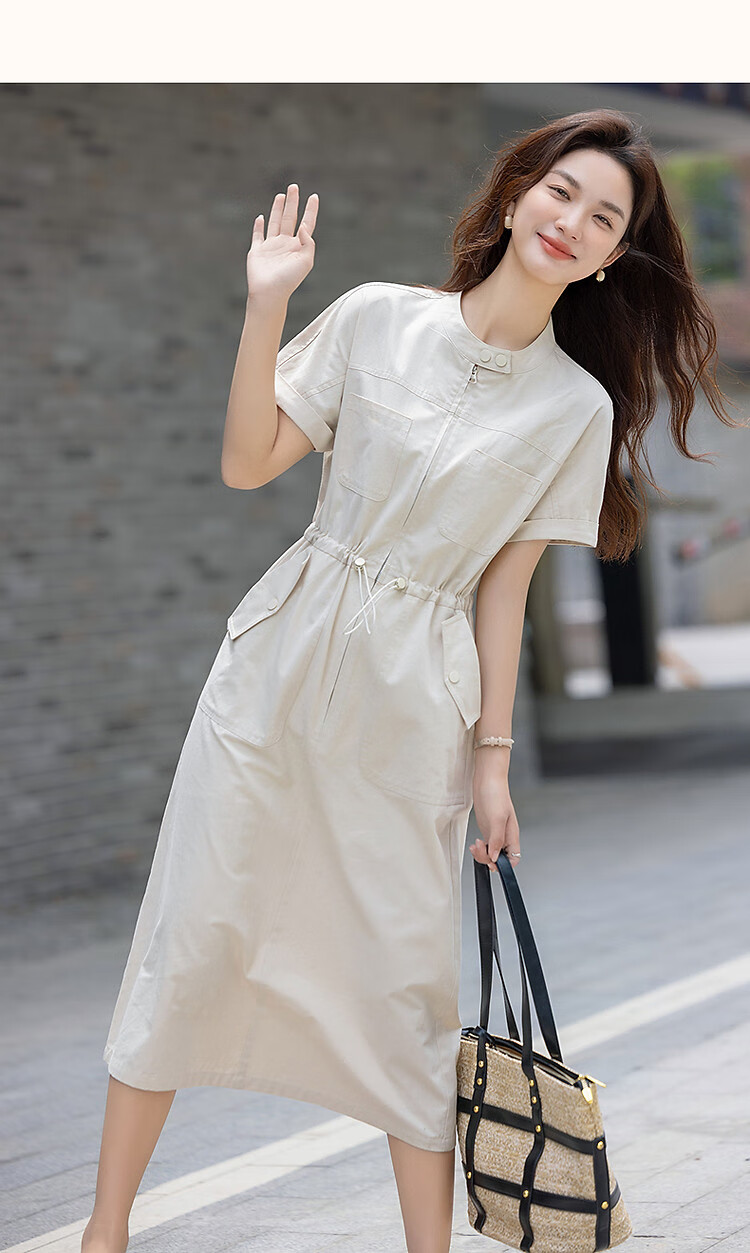 Demana [Healing Pure Cotton] Summer Workwear Style Stand Collar Sleeve Fold Adjustable Waist Petite Women's Dress 9