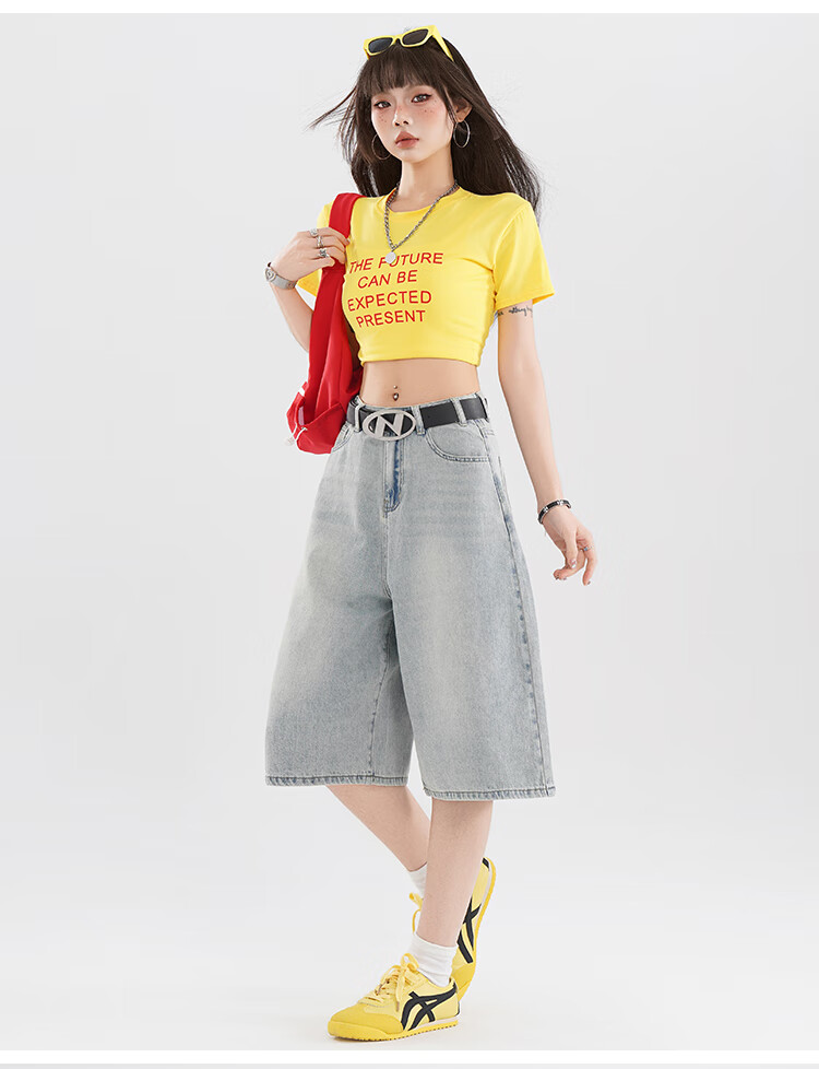 Free Style Vintage High Waist Denim Shorts Women 2026 Summer New Loose Slim Fit Petite Straight Wide Leg Cropped Pants 11