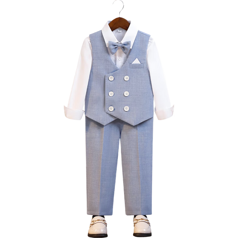 LUOBOBEIBEI Boys' Suit Spring And Summer Children's Vest Set for Children's Day Performance, Gray-Blue Long-Sleeve Four-Piece Set, Size 120