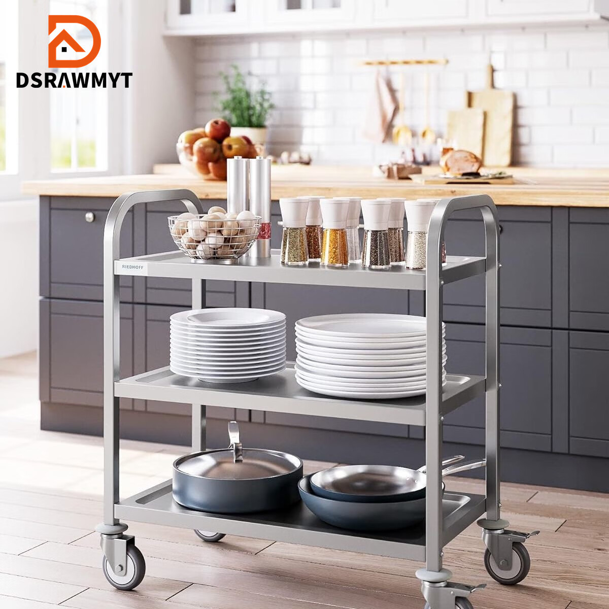 DSRAWMYT Stainless Steel Mobile Food Cart, Three-Tier Commercial Serving Cart, Dish Collection Cart for Restaurants, Hotel Serving Trolley