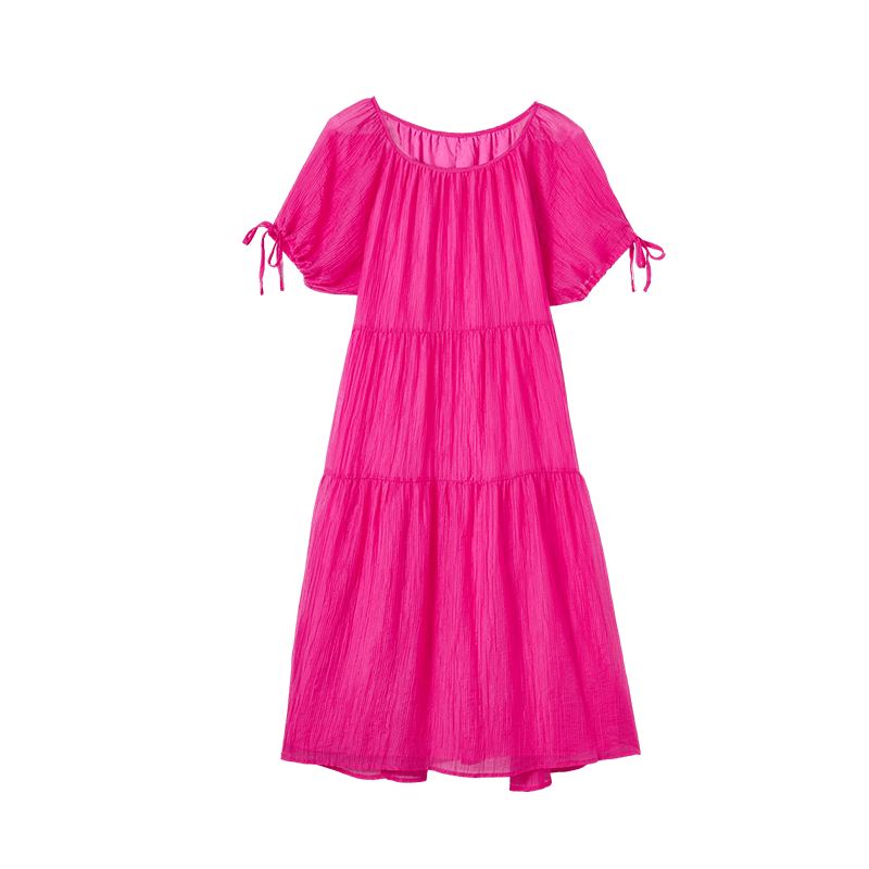Dme Relaxed Fit Round Neck Long Dress Summer Vacation Fabric Textured Sleeve Cuff Drawstring Design Dress