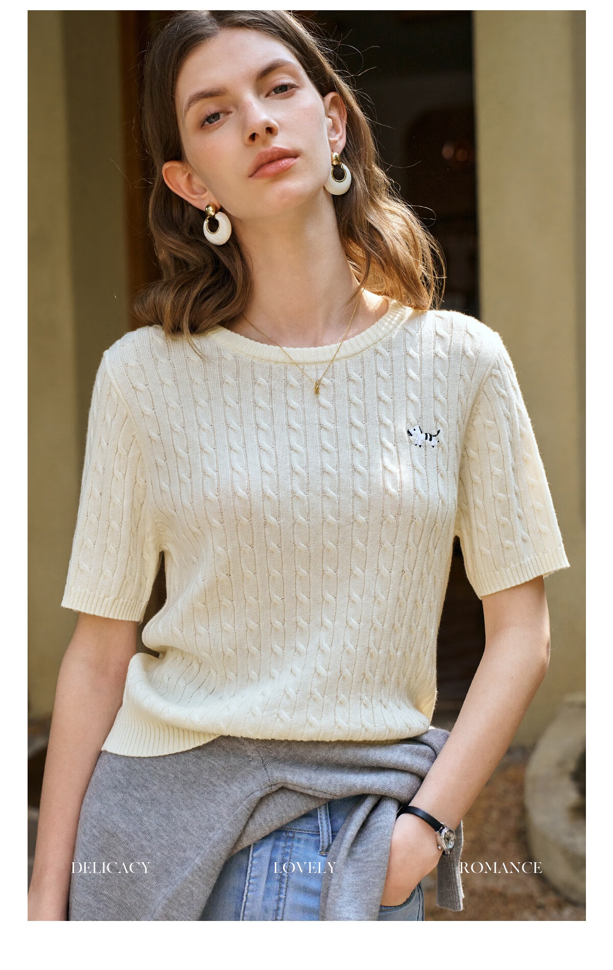 Oulain Summer Women's Short-Sleeve Knit Top, Casual Commuter Pullover Sweater, Apricot Color, Size L 28
