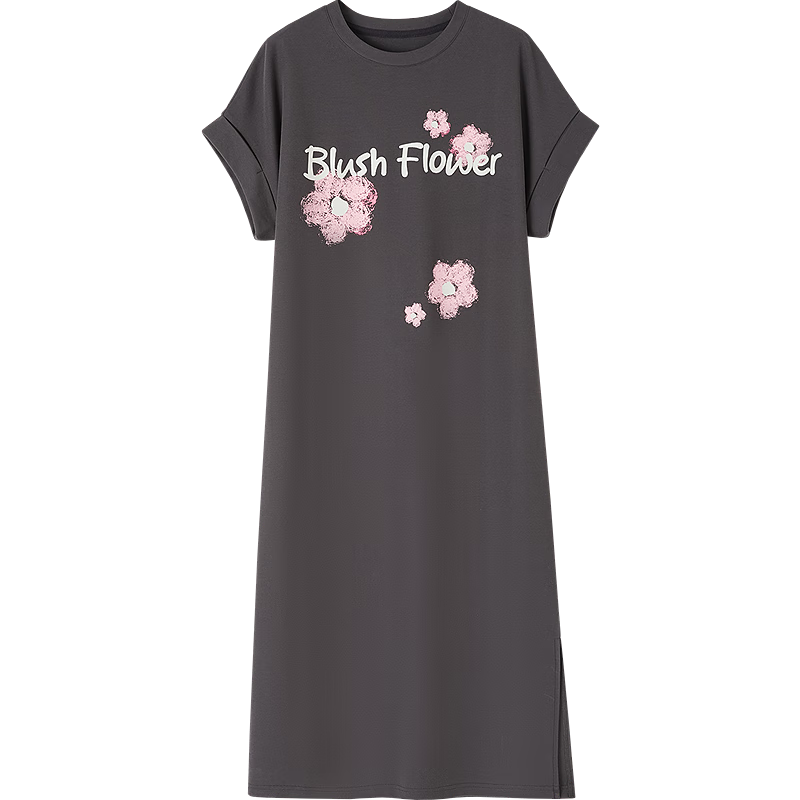 Demana 215G Pique Mesh Summer Letter Print Wide Cuff Round Neck Loose Dress