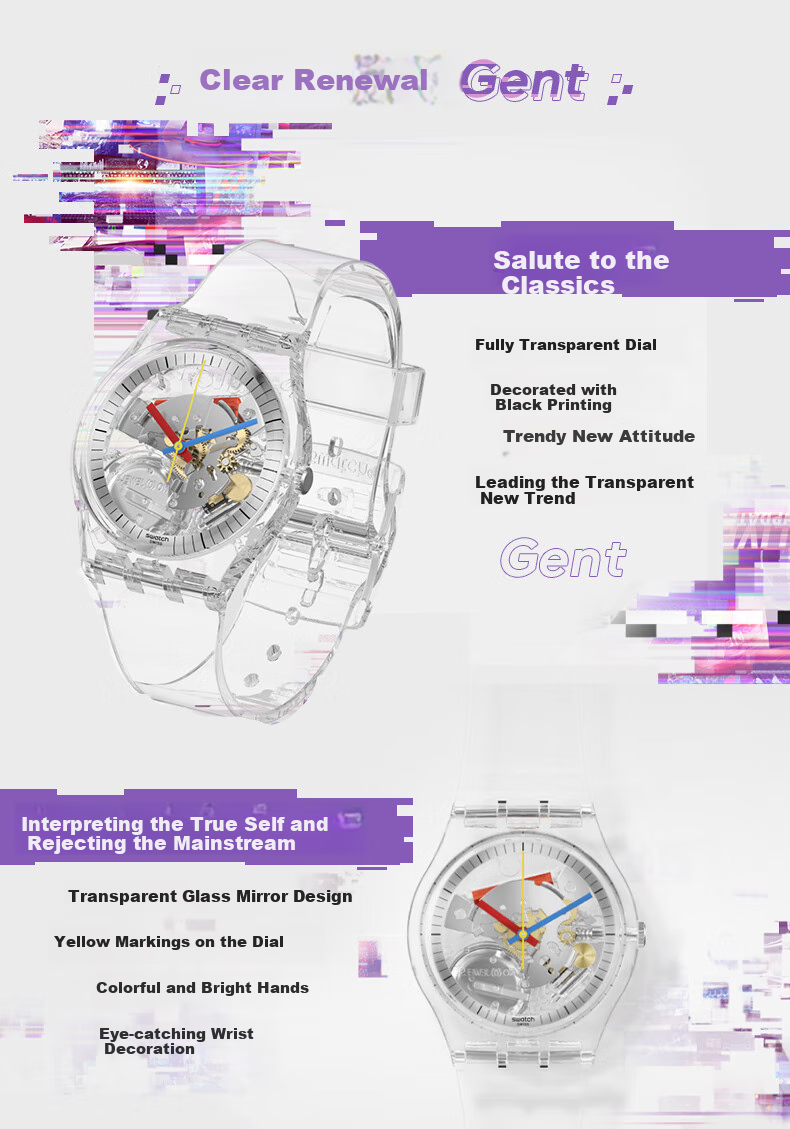Swatch Swiss Watch, Skeleton Transparent Trendy Quartz Watch, Holiday Gift, Clear New Series New Gent 6