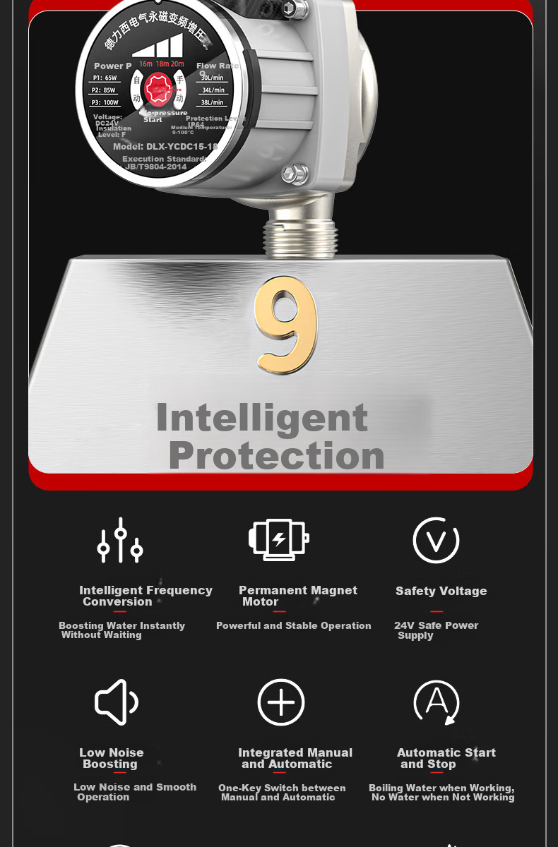 DELIXI Variable Frequency Booster Pump Household Fully Automatic Water Pump Tap Water Pipeline Pump for Gas Water Heater Pressure Boosting 1