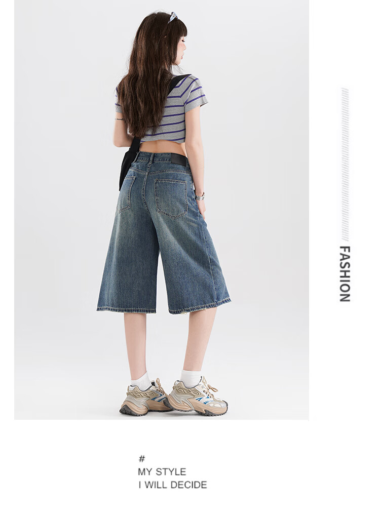 Free Style High-Waist Vintage Blue Cropped Denim Shorts for Women Summer 2026 New Loose Slimming Wide-Leg Casual Pants 9