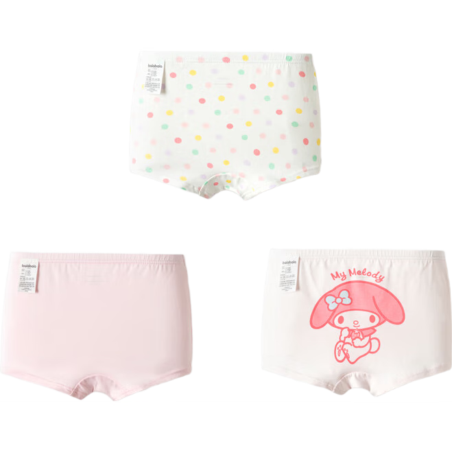 BALABALA Girls' Cotton Boyshort Underwear, Children's Boxer Briefs, No Wedgie, Three-Pack [My Melody Collaboration] 209925170025