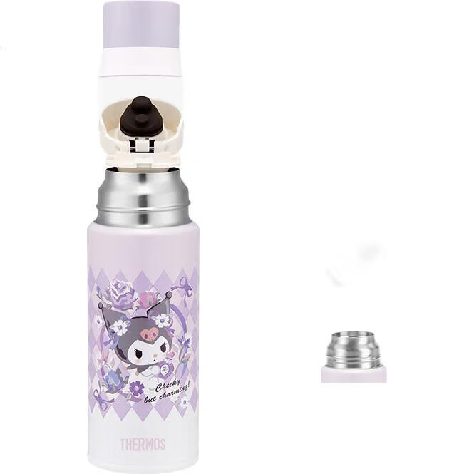 Детская термокружка THERMOS FFM с крышкой-непроливайкой, 370 мл, нержавеющая сталь 316L, дизайн Sanrio Kuromi, с чехлом