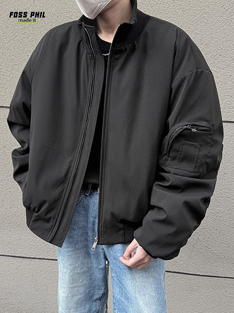 Foss Phil Men's Flight Jacket, Spring And Autumn American High Street Style, Versatile Short Baseball Coat, JK001 Black L 18