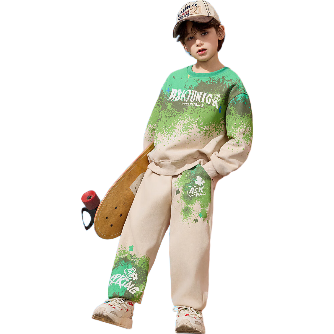 ASK JUNIOR Boys' Two-Piece Set, Fall 2026 Gradient Letter Print Long-Sleeve Sweatshirt And Pants, Lime Green, Size 160