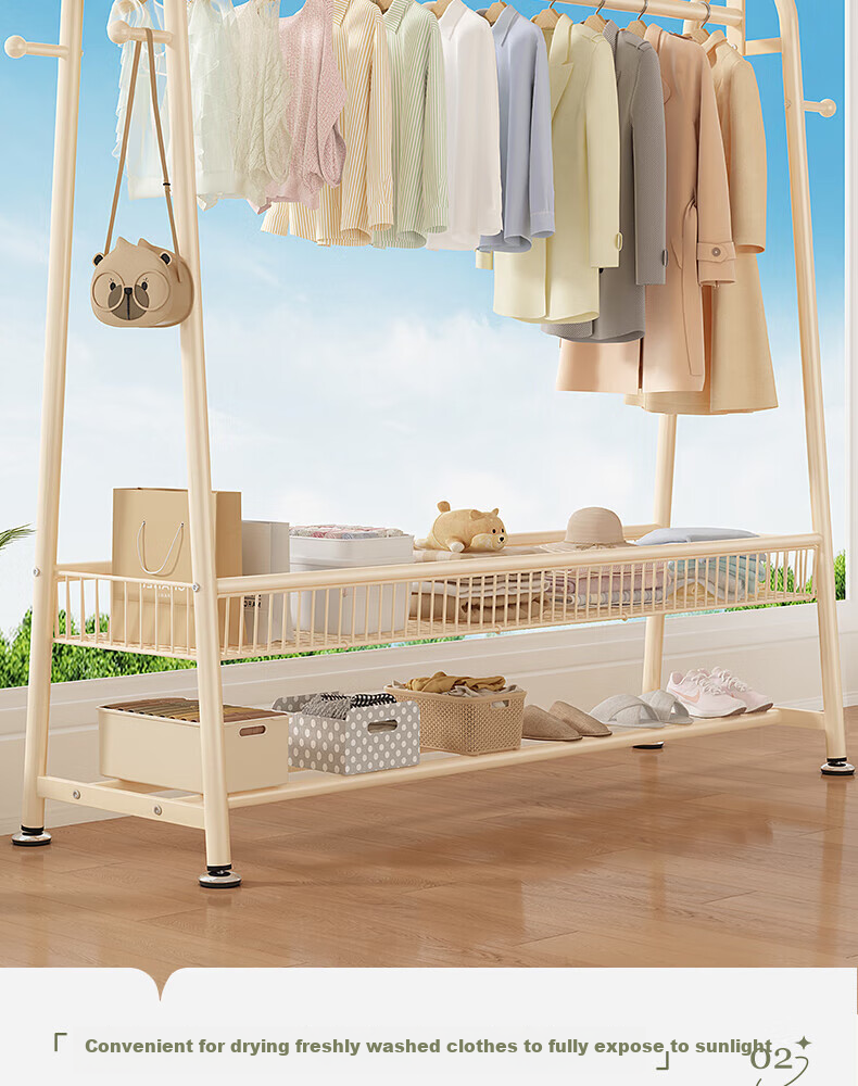 BIX Floor-Standing Clothes Rack for Bedroom, Home Drying Rack, Simple Coat And Hat Stand, Indoor Balcony Floor Pole with Basket, 1.2m White 16